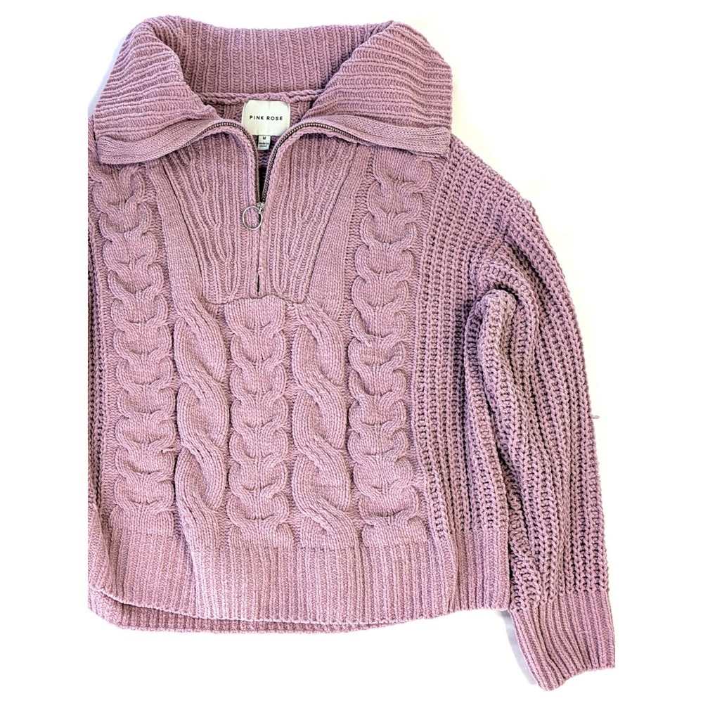 Pink Rose Quarter Zip Cable Knit Sweater Mauve Purple Chenille Pullover Medium